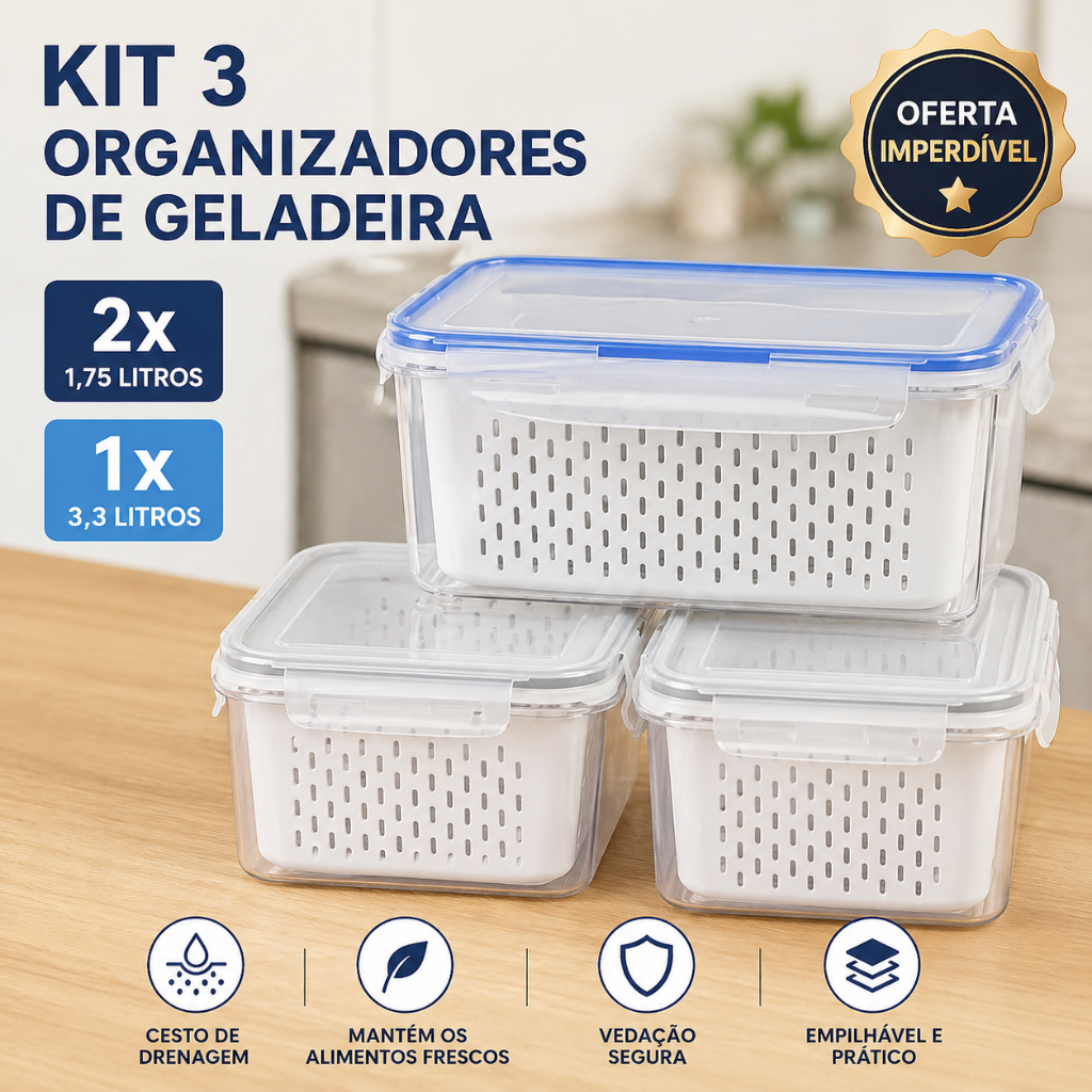 Vittak Kit 3 Organizadores de Geladeira 3,3L e 1,75L Com Tampa e Cesto Escorredor Multiuso Alimentos Verduras Legumes