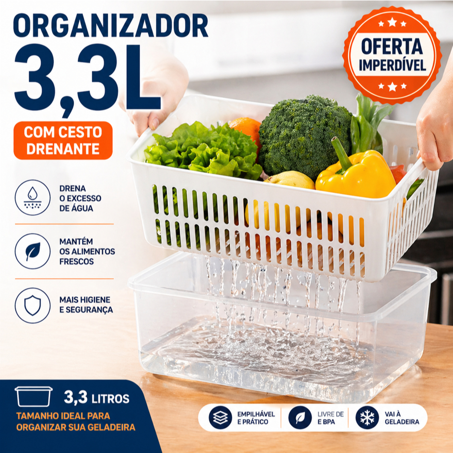 Vittak Organizador de Geladeira 3,3 Litros Cesto Escorredor Com Tampa Multiuso Alimentos Verdura Vegetais
