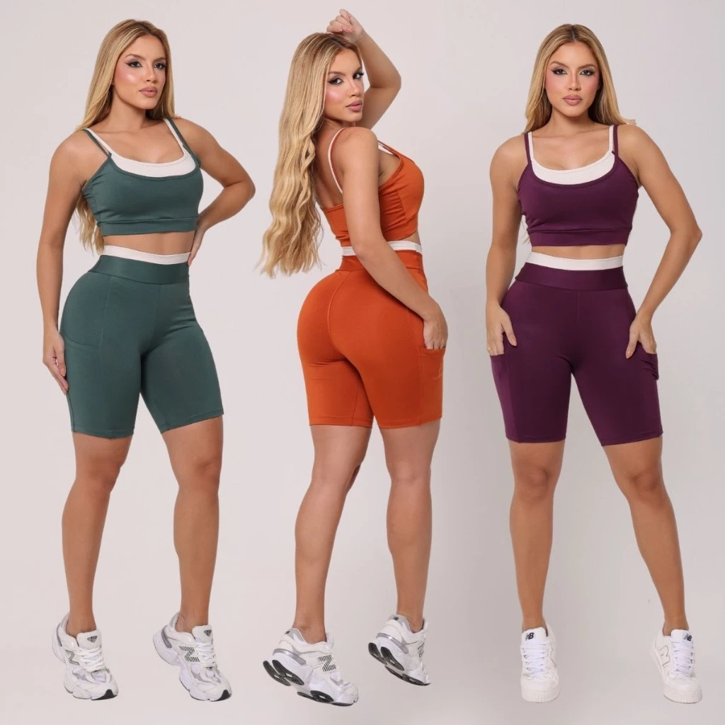 Conjunto Fitness Bicolor Top e Bermuda com Bolso Feminino Academia Cintura Alta Compressão Short — imagem 1
