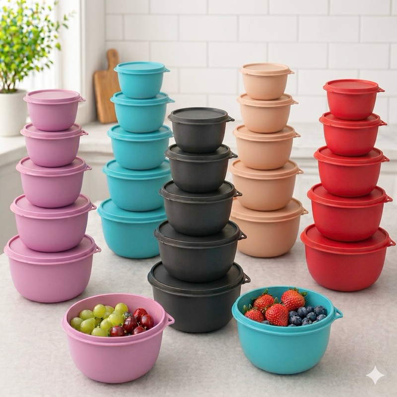 Imagem Potes Plásticos Redondos Bowl com Tampa 5 unidades BPA Free Organizador Cozinha Freezer Geladeira Microondas