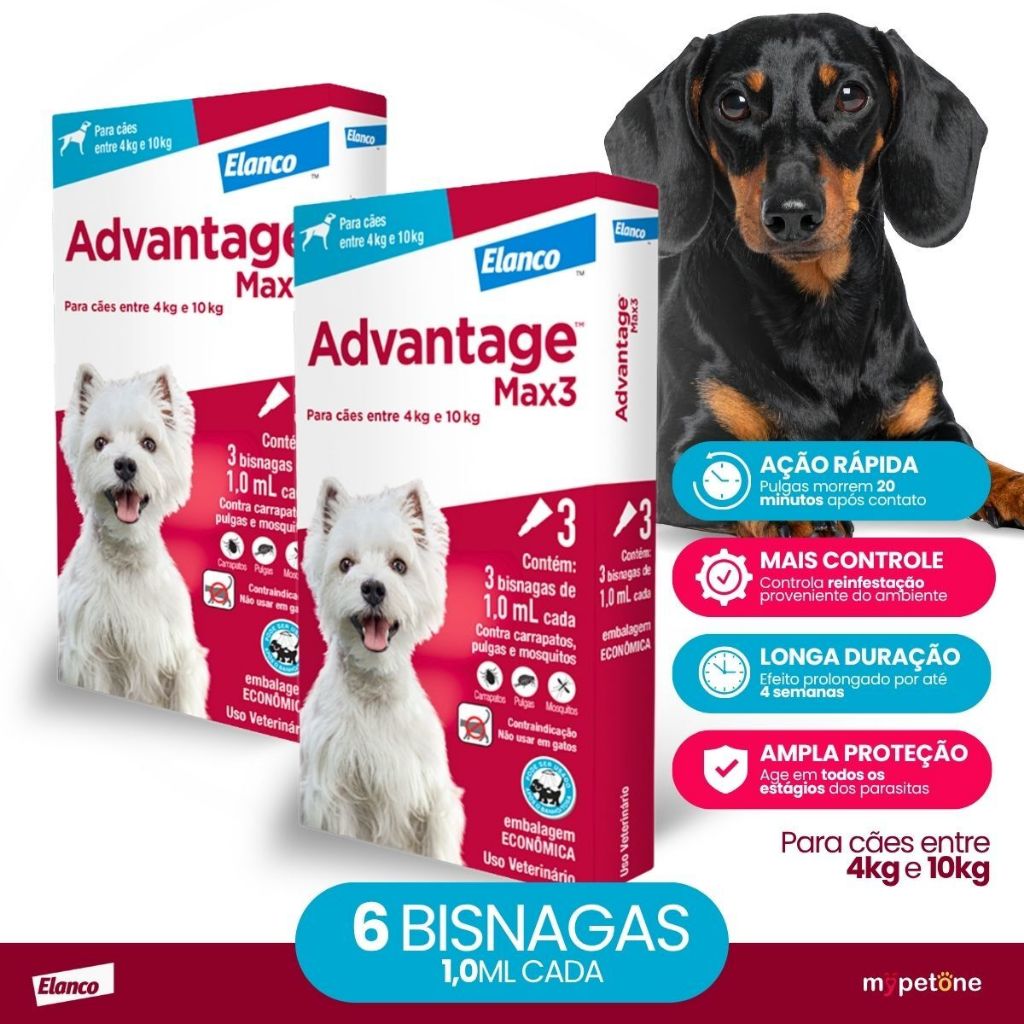Kit 2 Advantage MAX3 1ml Elanco para Cães de 4 a 10kg - 3 Bisnagas