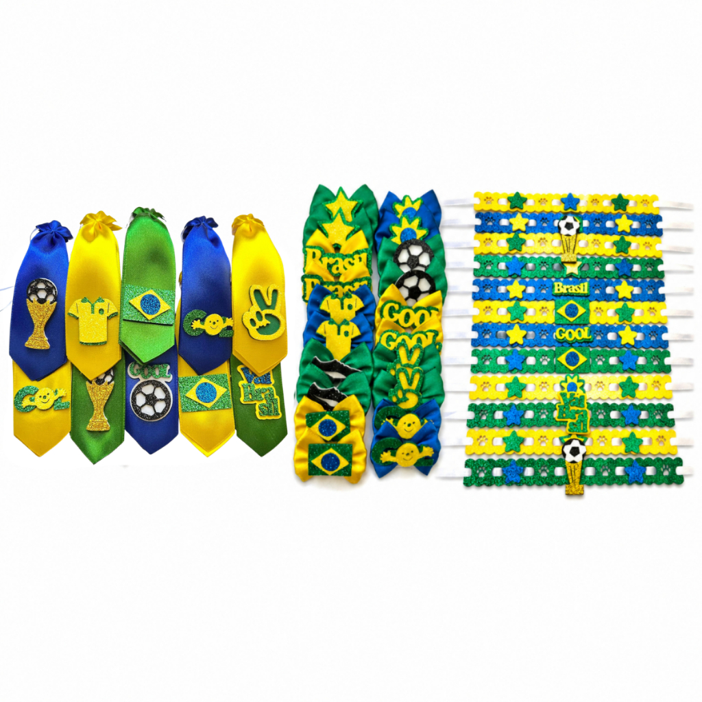 Kit 55 Laços Gravatas e Gargantilhas Pet Tema Copa do Mundo Petshop Banho Tosa