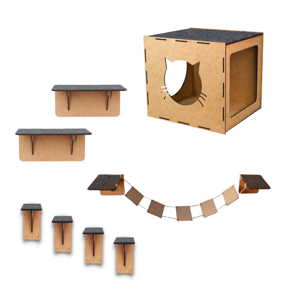 Playground Gatos 8 Peças Kit Playground Parede Brinquedo Gato Casinha Ponte Prateleiras Degraus Mdf