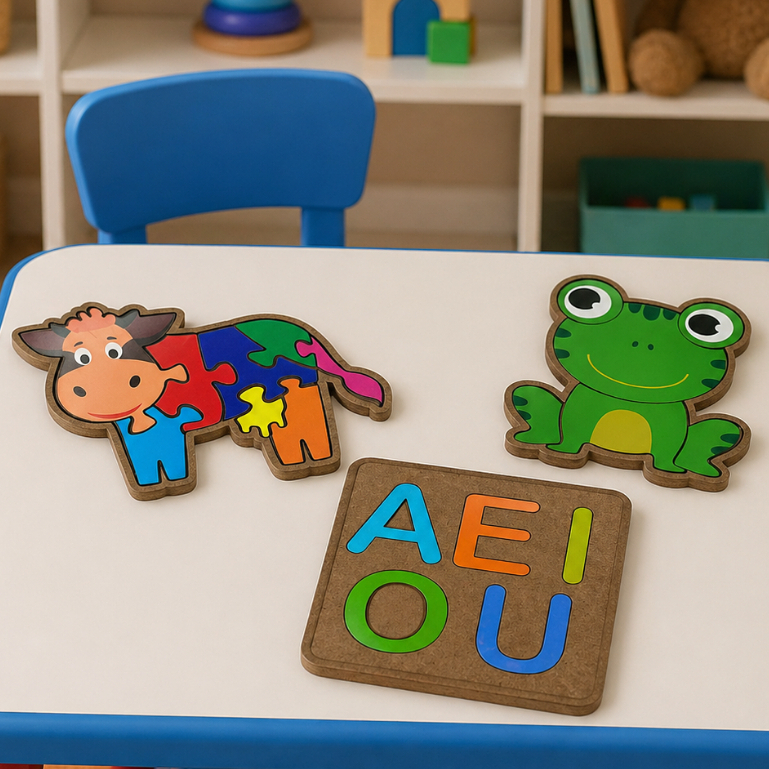 Kit 3 Quebra Cabeças Infantil Educativo MDF Brinquedo Pedagógico Infantil Vaca Sapo e Vogais