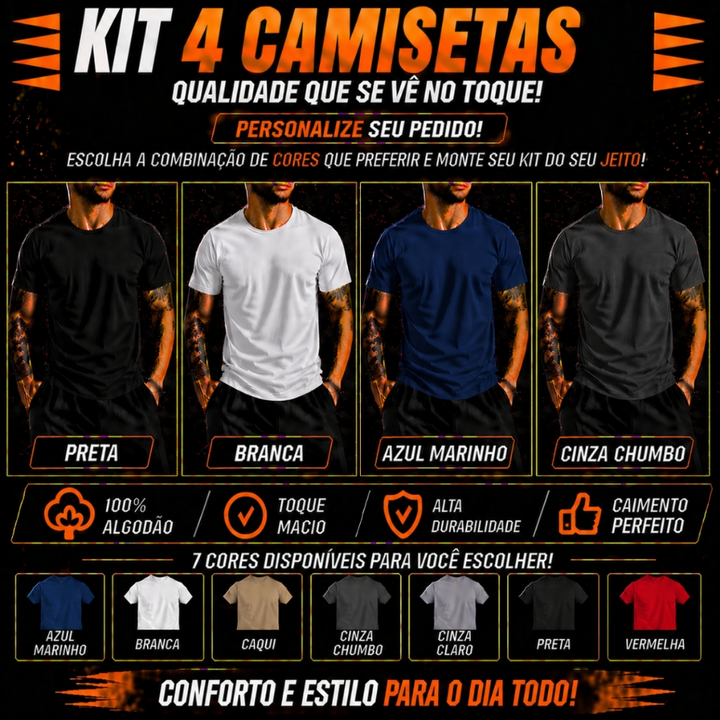Kit 4 Camisetas Masculina Básica Algodão Premium 100% Diversas Cores