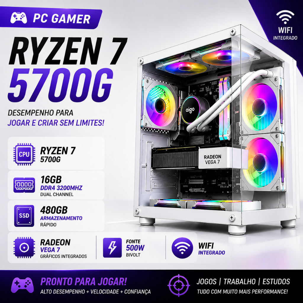 Pc Gamer Branca Ryzen 7 5700g 2x 8gb 3200mhz dual channel Ssd 480gb Fonte 500w Bivolt Vega 7 Wifi