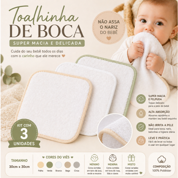 Kit Toalhinha de Boca Bebê Super Macia 30x30 | Não Irrita o Nariz | Pano Boca Infantil