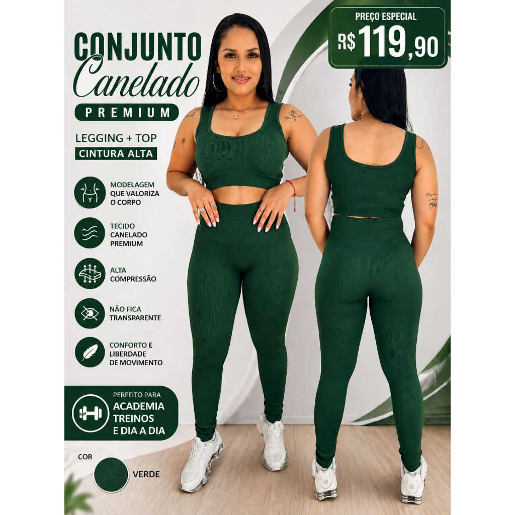 Conjunto Academia Feminino Canelado Premium Sem Transparência Cintura Alta Modeladora Fitness