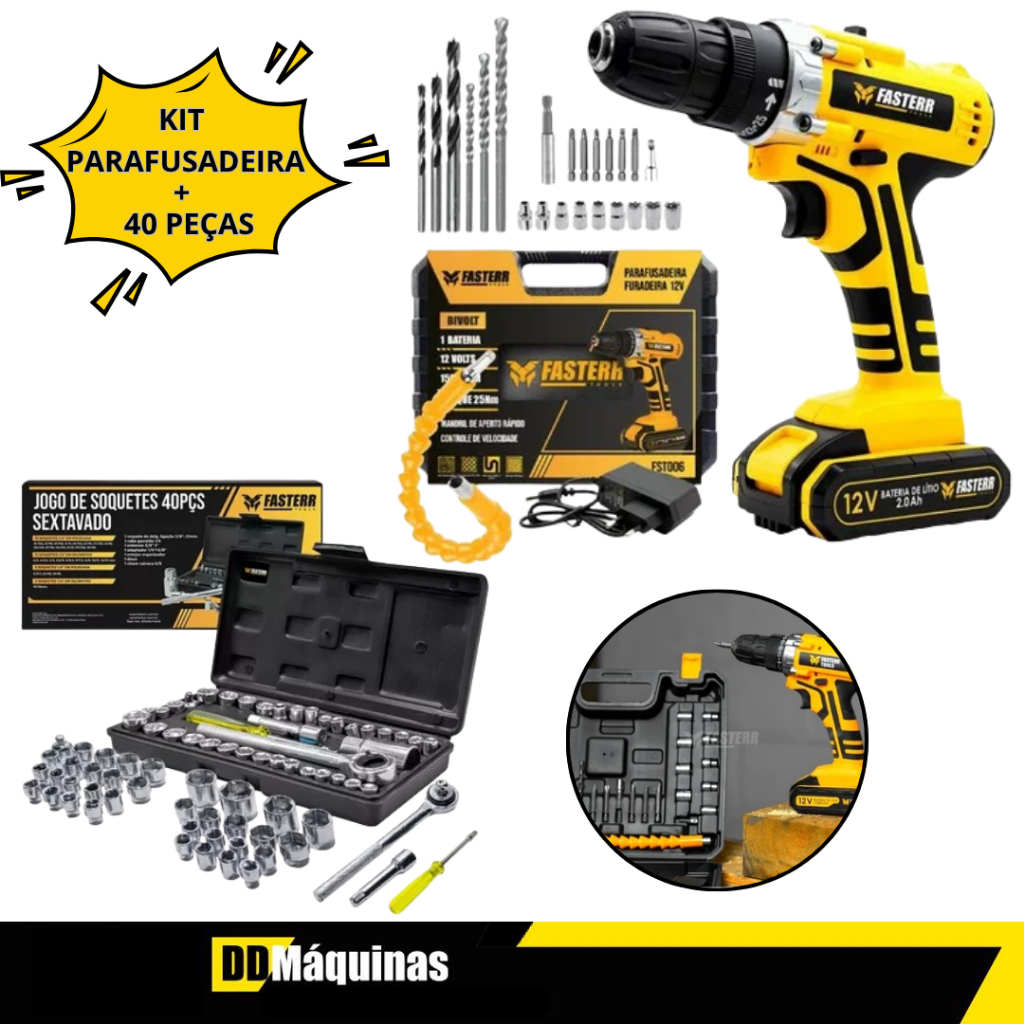 Kit Furadeira e Parafusadeira 12V Com Bateria 24 Acessórios e Maleta + Jogo De 40 Peças - Fasterr
