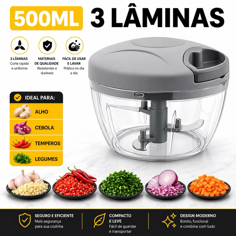 Triturador Manual 3 Lâminas 500ml Portátil Cozinha Alho Cebola