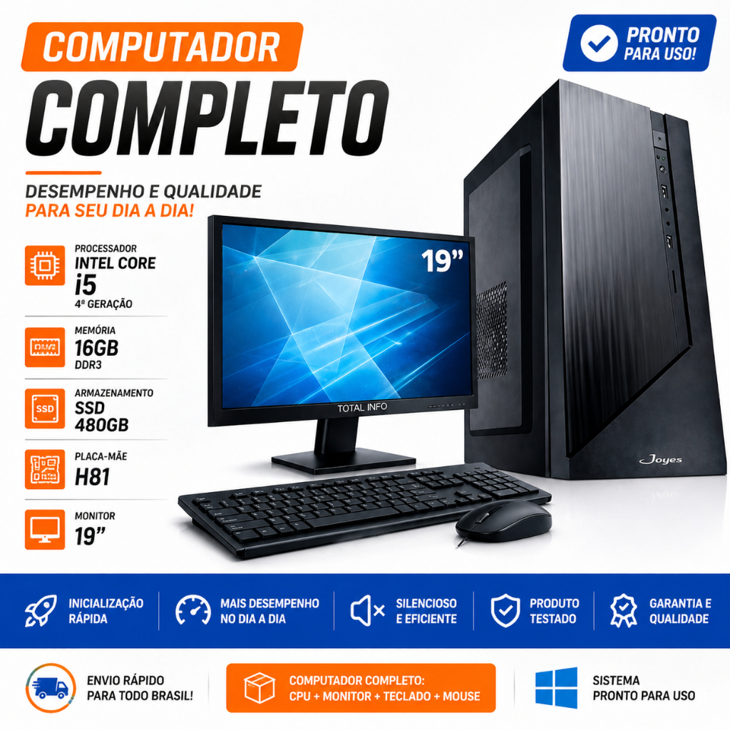 Computador Completo Intel I5 (4a Geração) H81 16gb Ssd 480gb Monitor 19''