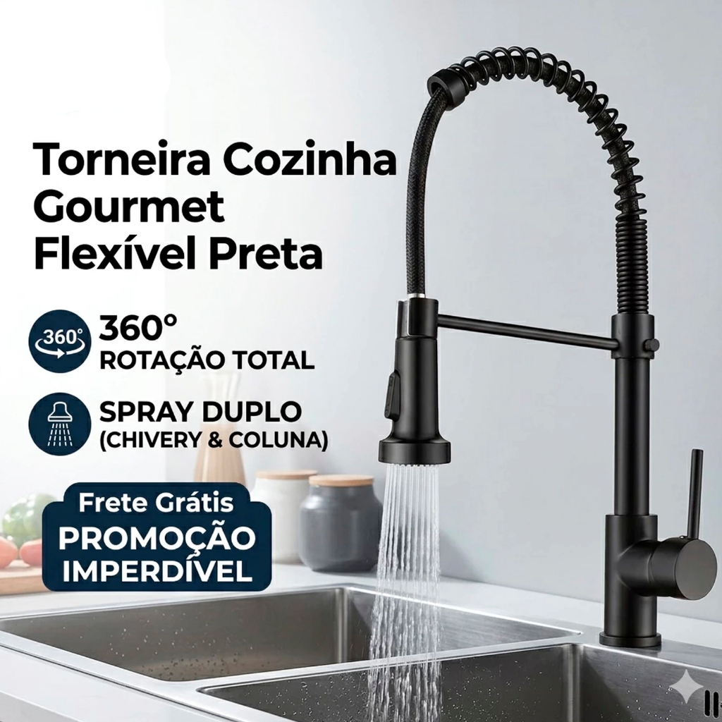 Torneira Gourmet Cozinha Bancada Inox Gourmet Monocomando C/ Spray Extensível Quente/Frio Misturador