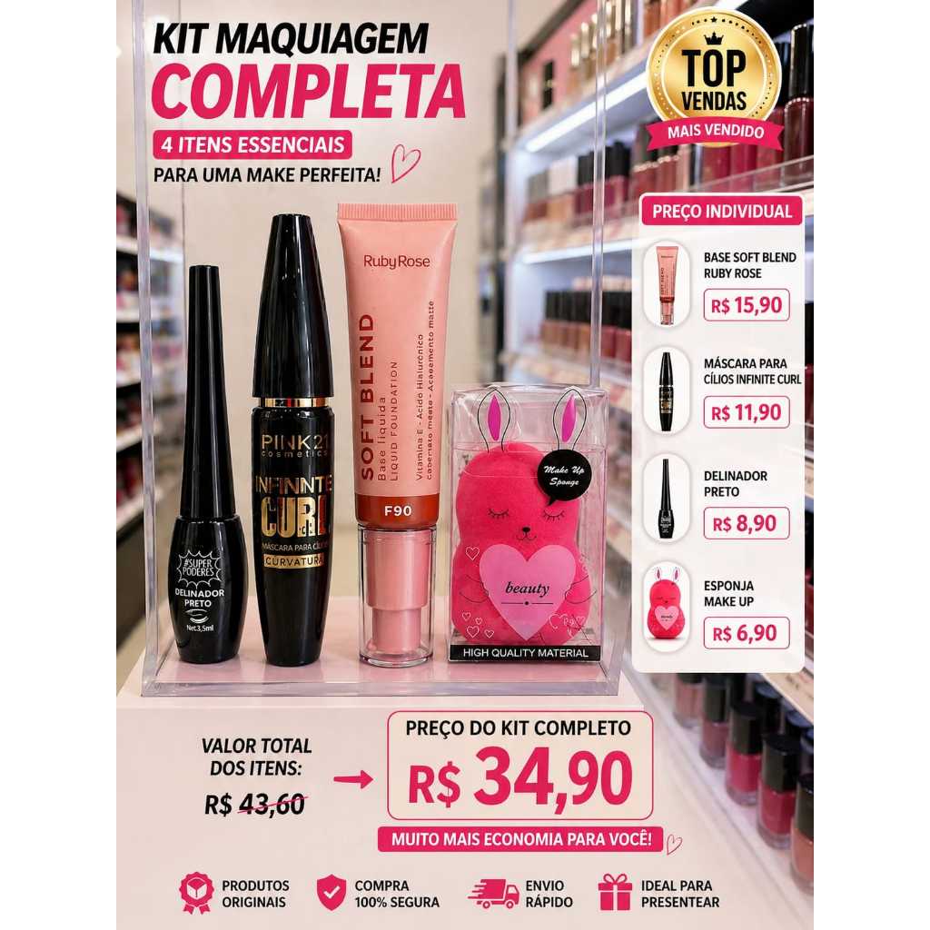 Kit Maquiagem Completa 4 Itens Ruby Rose + Delineador + Esponja + Rimel