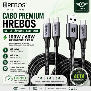 Cabo Tipo C 100W | USB p/ Tipo C 60W | Turbo 1m 2m 3m | Android, iPhon 15 16 17 Tablet No…