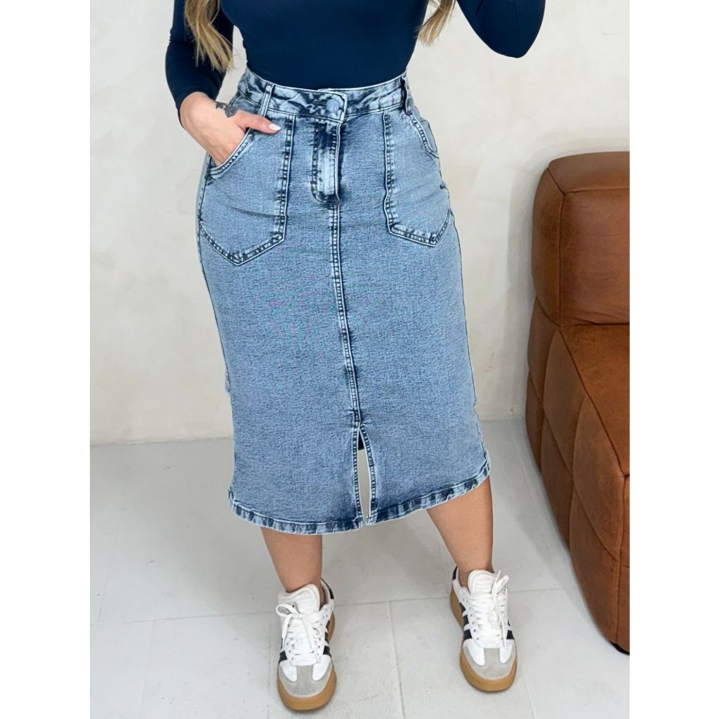 Saia Midi Jeans Com Fenda Na Frente Com Lycra Moda Evangélica Modesta