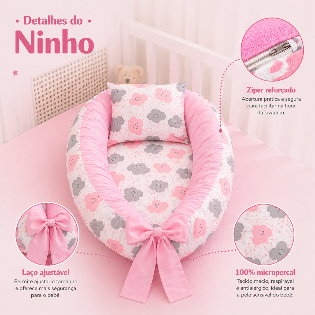 Ninho Redutor Berço Bebe 100% Micropercal + Almofada Anatômica Várias Estampas