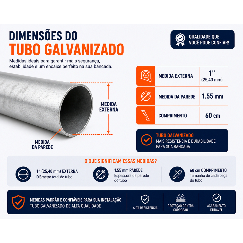 Suporte para Pia/Bancada Tubo galvanizado 1" 60cm kits 2, 4, 6, 8 ou 10 peças reforçado — imagem 2 de 2