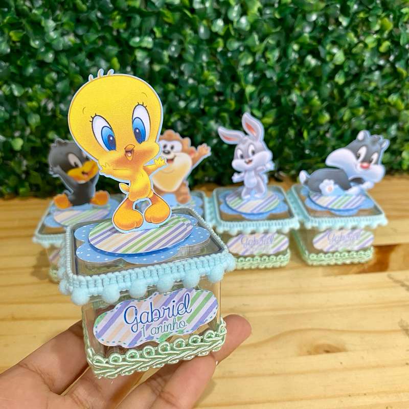 Kit 10 Caixas Acrílica 5x5 Baby Looney Tunes Lembrancinha Personalizada Luxo | Festa Infantil