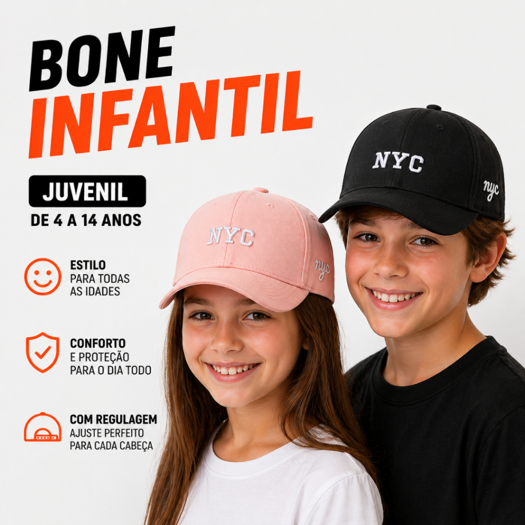 Boné Infantil Juvenil de 4 a 14 Anos Aba Curva com Regulagem Fitão Bordado Alta Definição Premium