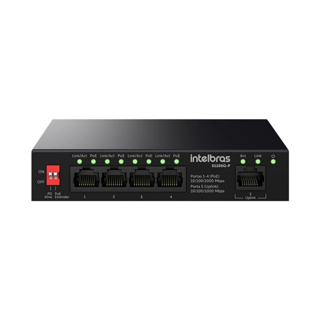 Switch 5 Portas Gigabit Intelbras S1105G-P 4 PoE+ Uplink QoS Extender 250m Alta Performance 1000Mbps