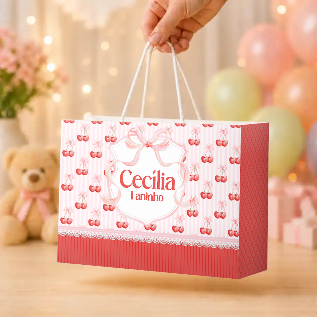 Kit de Sacolinhas Personalizadas CEREJINHA | Lembrancinhas com Nome e Idade da Criança | "SACOLINHAS COLADAS"