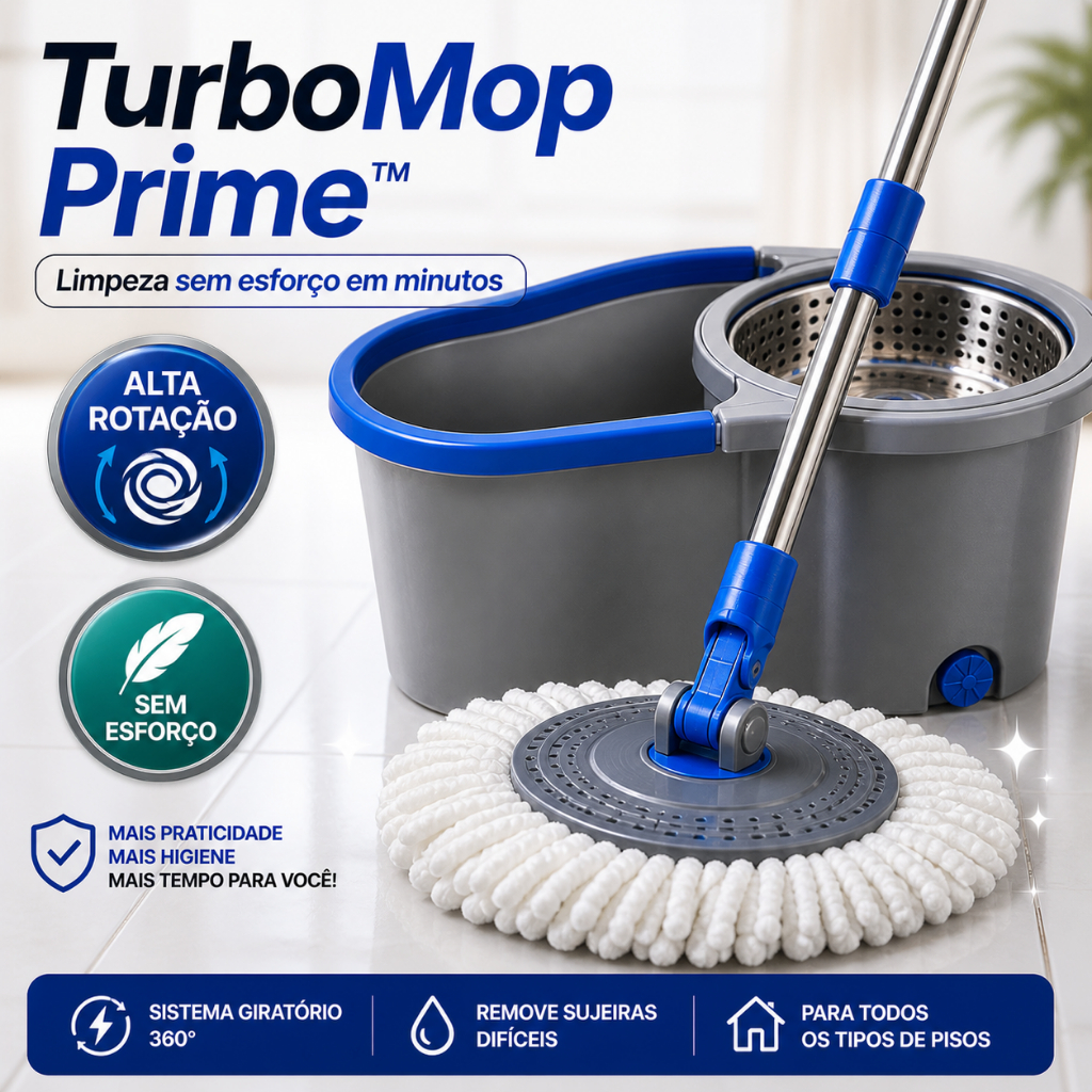 TurboMop Prime Mop Giratório 13L Com Balde Inox Alta Rotação Limpeza Prática Sem Esforço