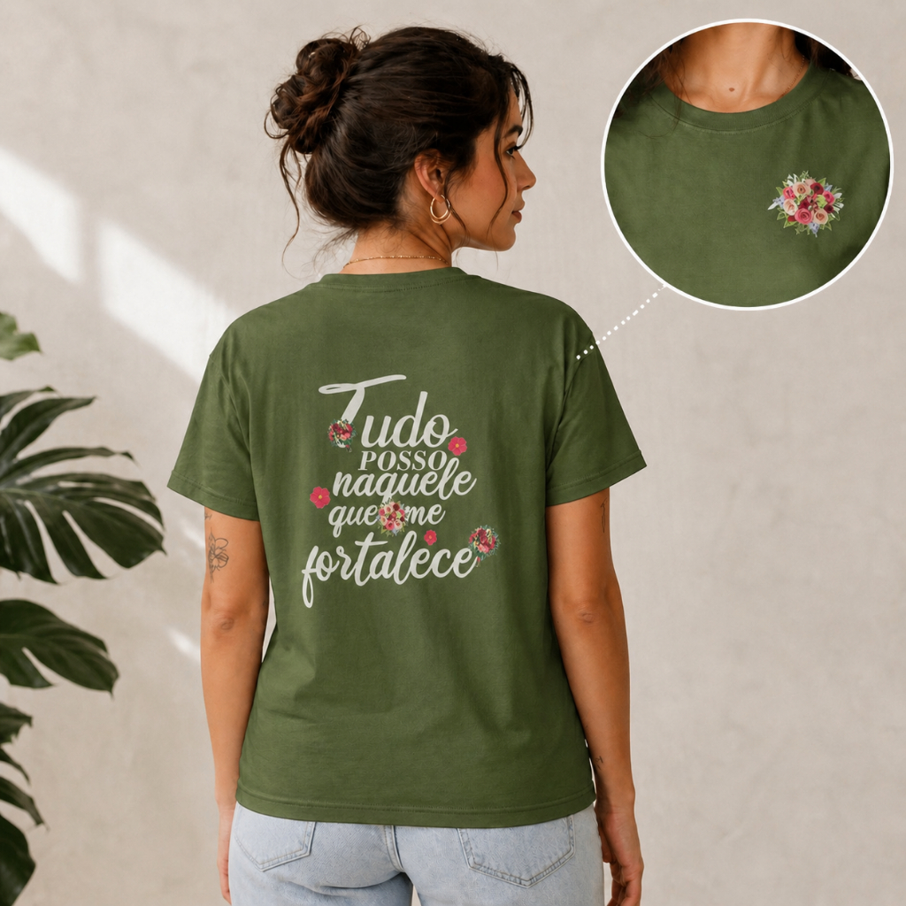 Camisa Camiseta Feminina Blusa Gospel Frase Religiosa Tudo Posso Naquele que me Fortalece Lançamento