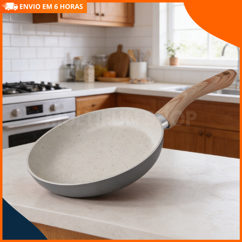 Frigideira Cerâmica Antiaderente Indução Gás Cabo Amadeirado Soft Touch Premium Granitada Grossa Cozinha Profissional