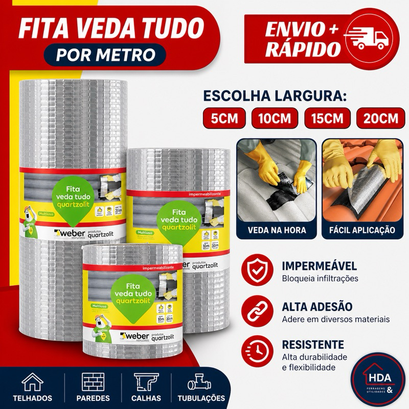 Fita Manta asfaltica  Aluminio Vedação Vazamentos Veda Tudo Trincas Laje Telhado Telhas 10cm 15cm 20cm