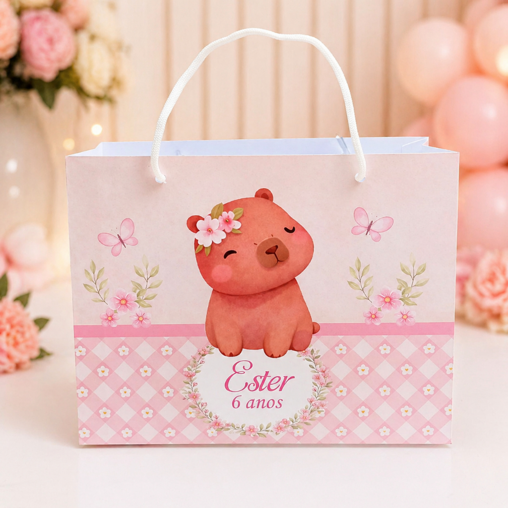 Sacolinha Personalizada Capivara Rosa 2/com alça/lembrancinha personalizada Capivara Rosa