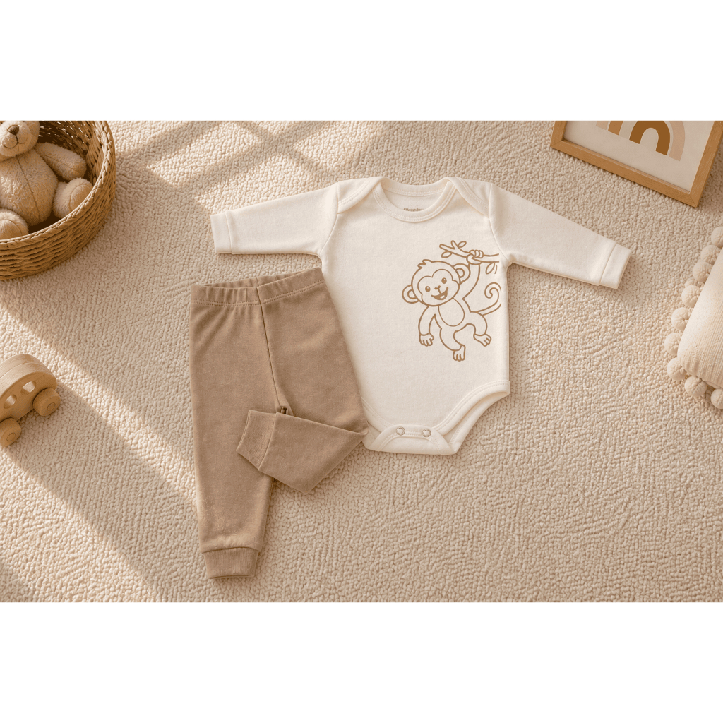 Conjunto Bebê Body Manga Longa + Calça Suedine 100% Algodão Estampa Macaco RN ao GG Minimalista