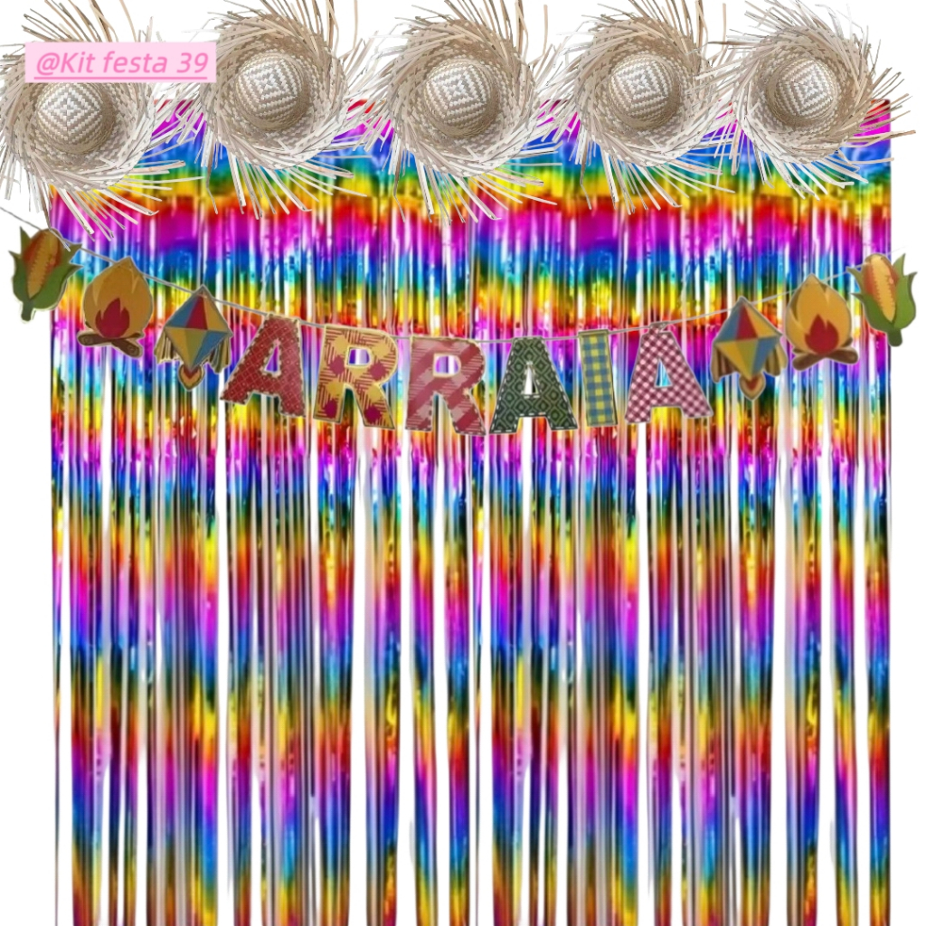 Kit Decoração Festa Junina Cortina Painel Colorido 2 x1m + Faixa ARRAIA 2M São João Caipira