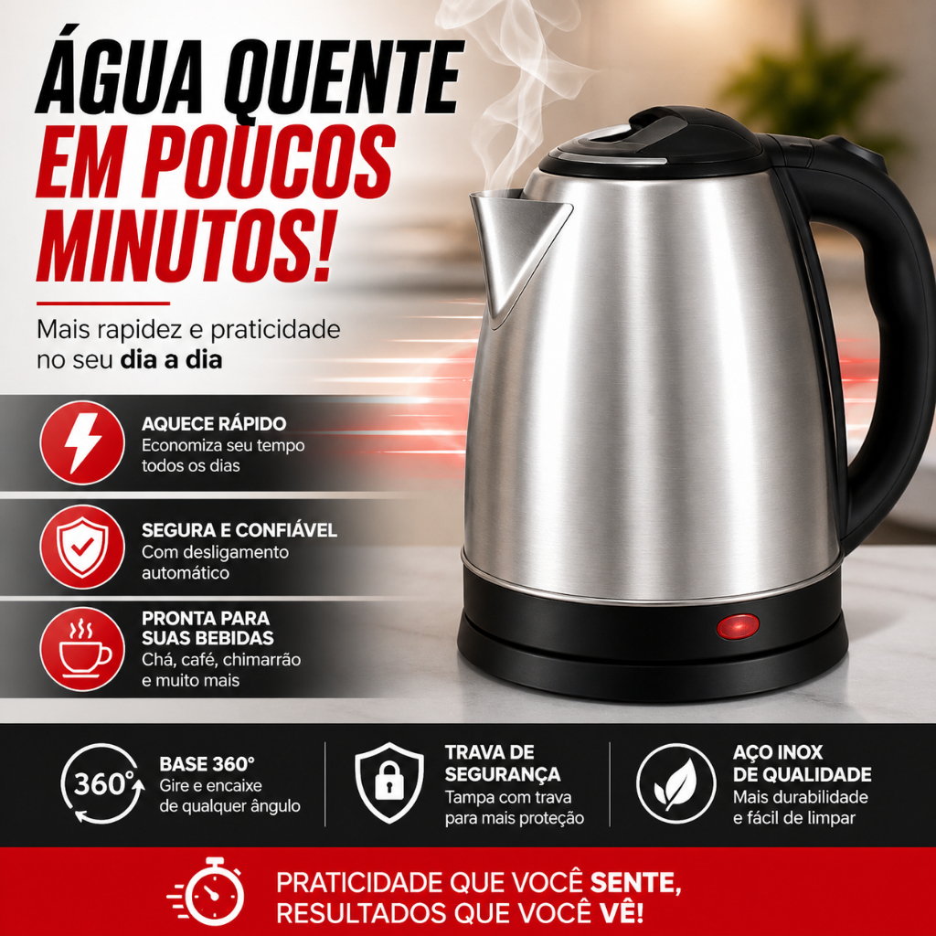 Chaleira Elétrica Inox 1,8L 127V Desligamento Automático Trava Segurança Base 360°