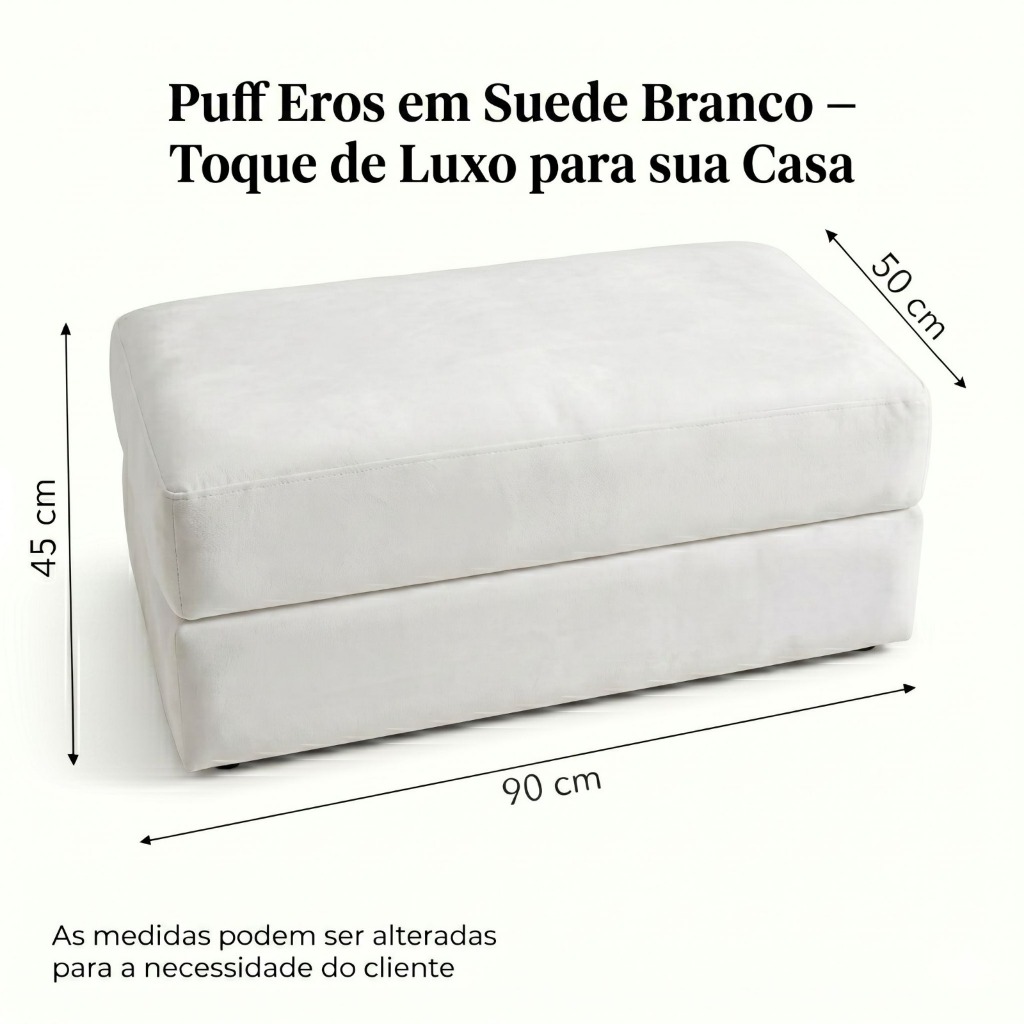 Puff Eros Suede Branco 90cm Grande | Puff Sala Moderno Confortável