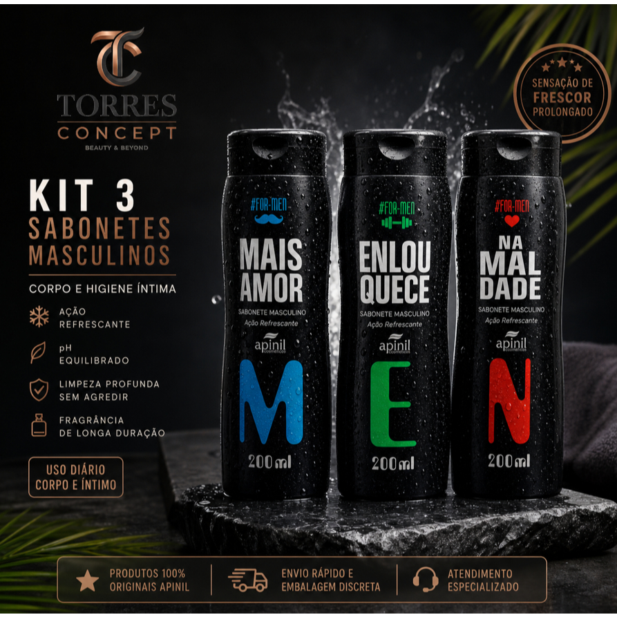 Kit 3 Sabonete Líquido Masculino Íntimo Corporal Refrescante Atacado Revenda Banho Homem 200ml