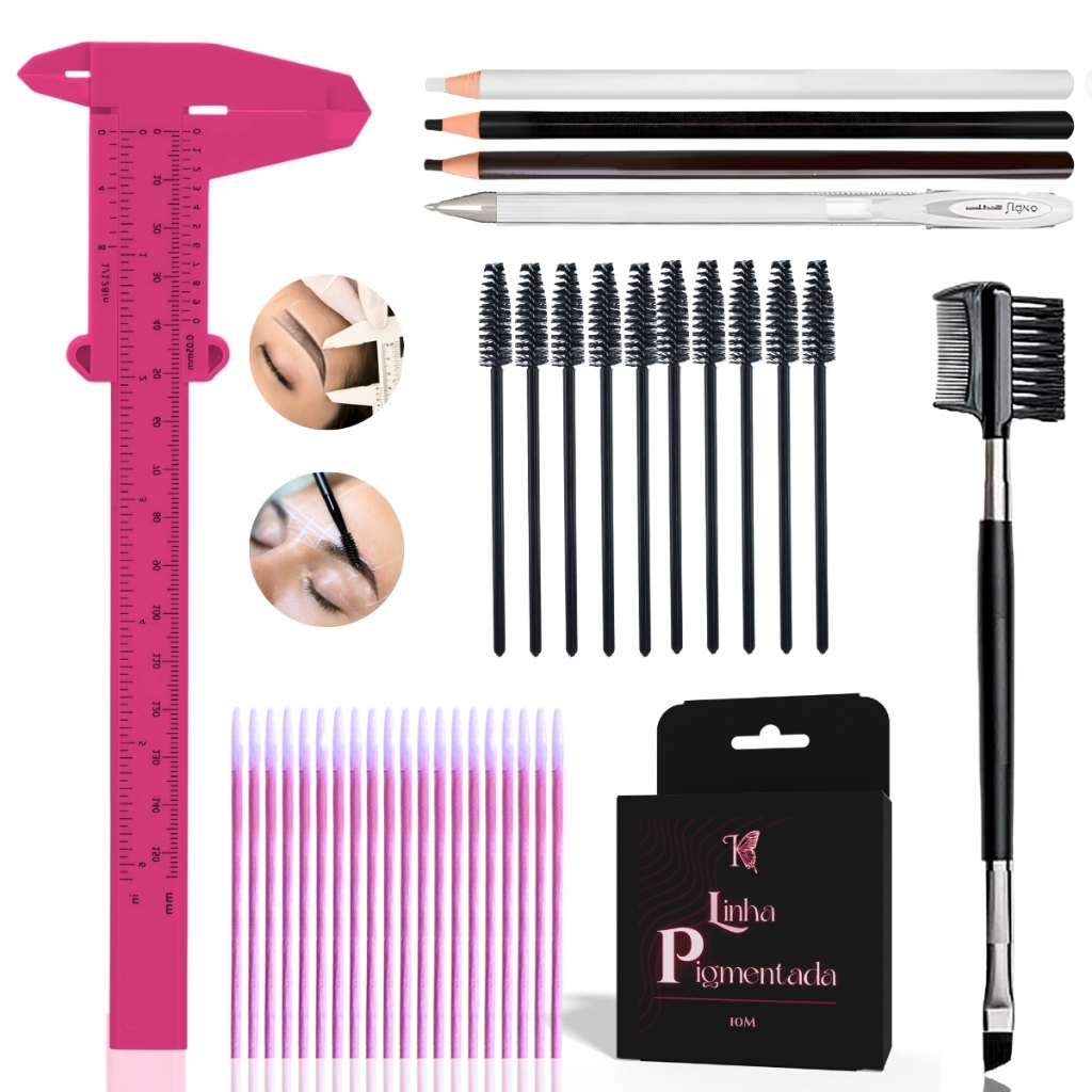 Kit Designer de Sobrancelha Completo Paquímetro Caneta Lápis Linha Escova Pincel