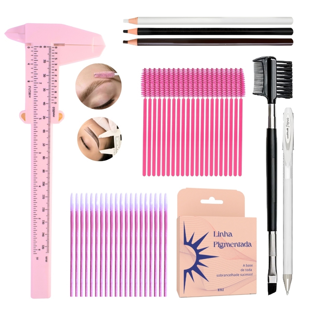 Kit Profissional Design de Sobrancelhas Linha Escovinha Lápis Caneta Pincel Duplo Palito Paquímetro
