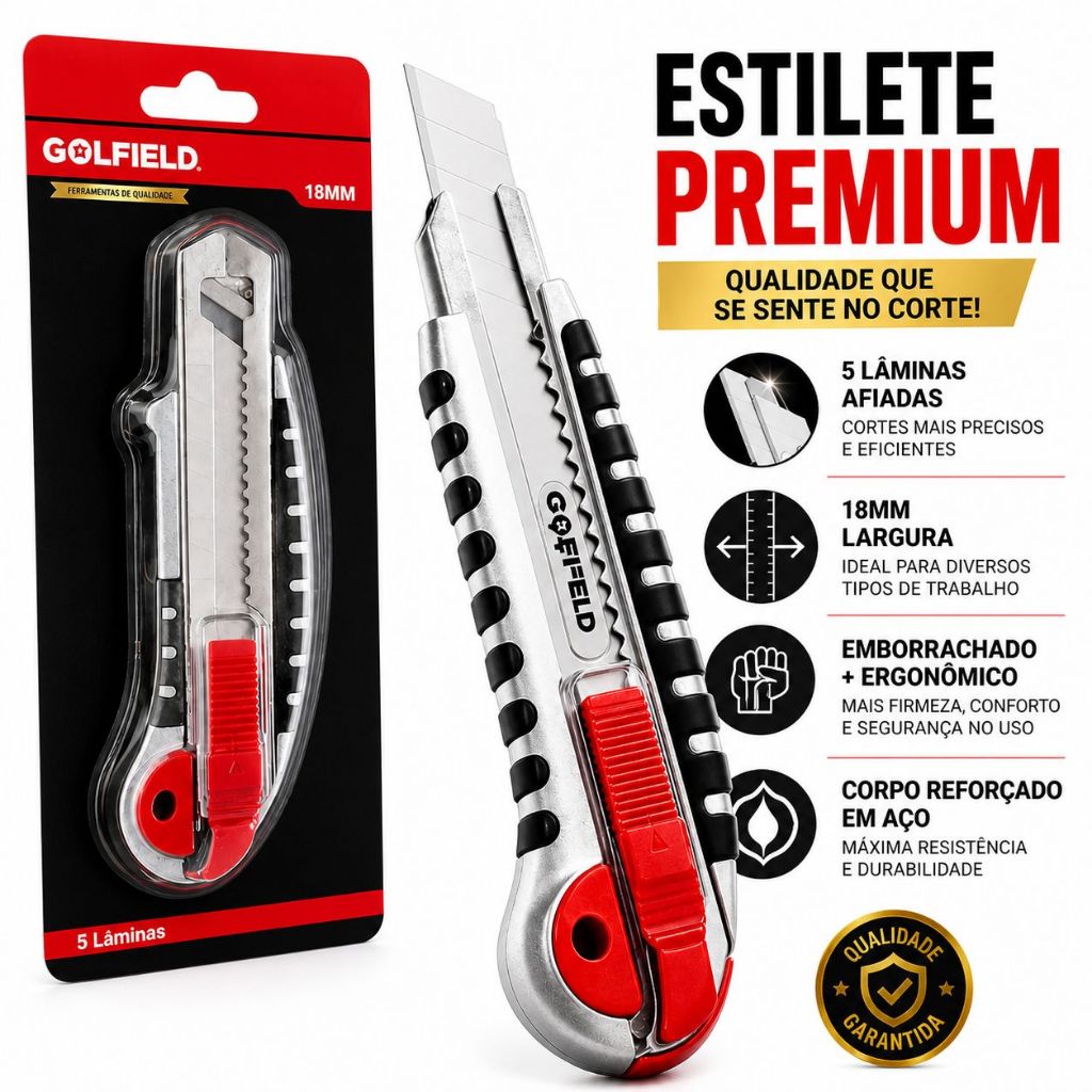 Estilete Premium Profissional 5 lâminas - Golfield 18mm Reforçado