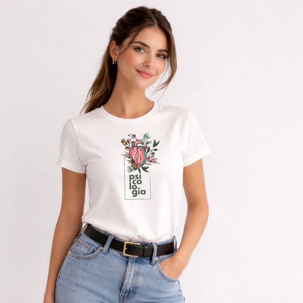 Camiseta Feminina 100% Algodão Baby Look Psicologia Coração Flores Faculdade Psico Estampada