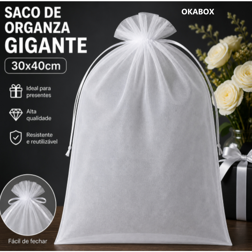 Saco Bag Saquinho de Organza Gigante 30X40 cm Cor Branco - Ideal para Casamento e Organizar