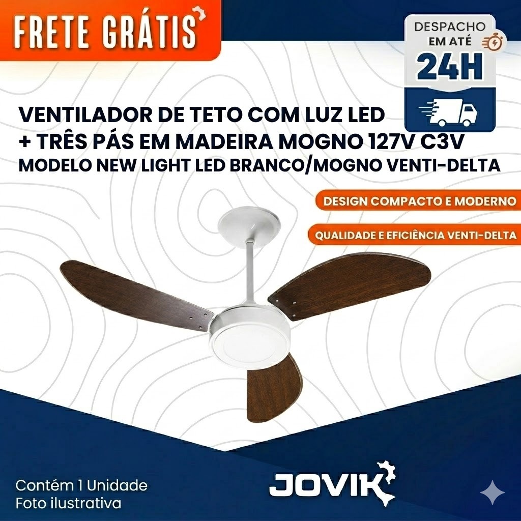 Ventilador De Teto Com 3 Pás New Light Led Venti-delta 110v Branco Mogno