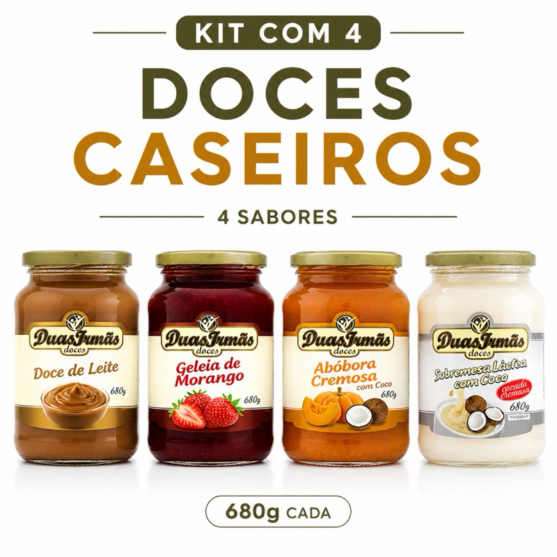 Kit 4 Doces Caseiros 680g | Doce de Leite + Geleia de Morango + Abóbora com Coco + Cocada Cremosa