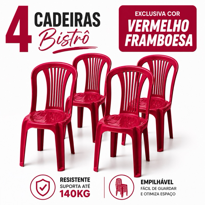 Kit 4 Cadeira Bistrô Vermelha Plástica Empilhável Reforçada Suporta 140kg Cozinha Área Externa Empilhável Eventos  Bar