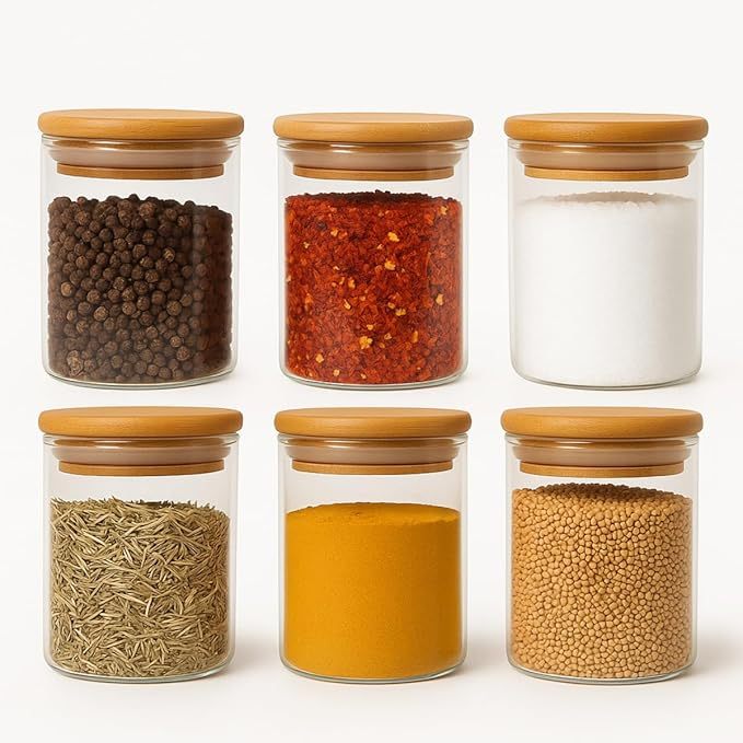 Kit 6 Pote Porta Temperos Mantimentos Design Elegante Tampa De Bambu Hermético 250ml