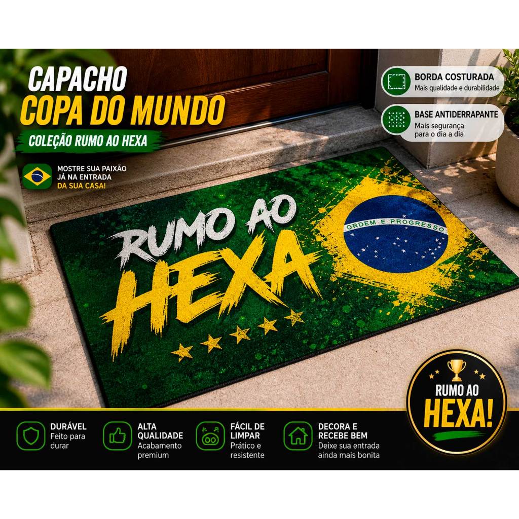 Capacho Copa do Mundo Brasil Tapete Entrada Casa Sala Quarto Antiderrapante Decorativo Rumo ao Hexa MEGA OFERTA