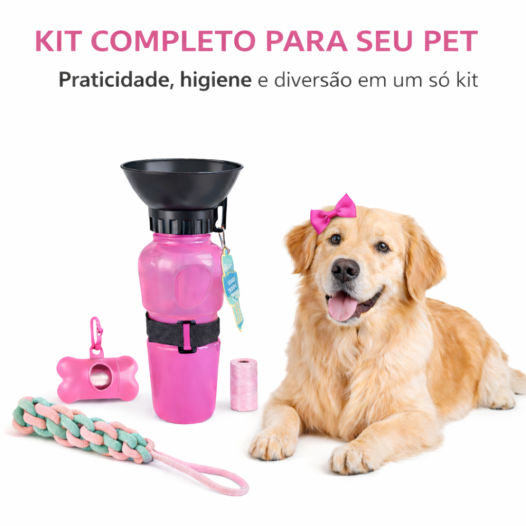 Kit Pet Passeio Rosa Completo 3 Itens Garrafa 500ml + Porta Saquinho Caca + Brinquedo Corda