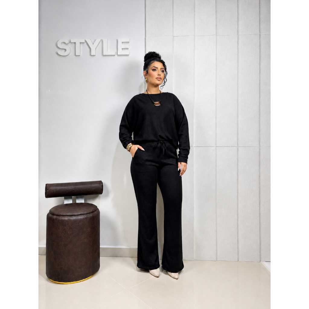 Conjunto Lãzinha Elastano Feminino, Manga  morcego, Bolso na calça, Outono/Inverno, Confortável e leve