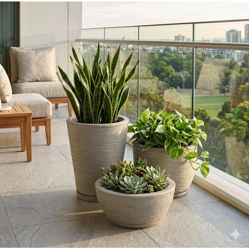 Kit 3 Vasos Planta Jardim Casa Decorativo Escovado Marmorizado Coluna Redonda Bojo Bacia
