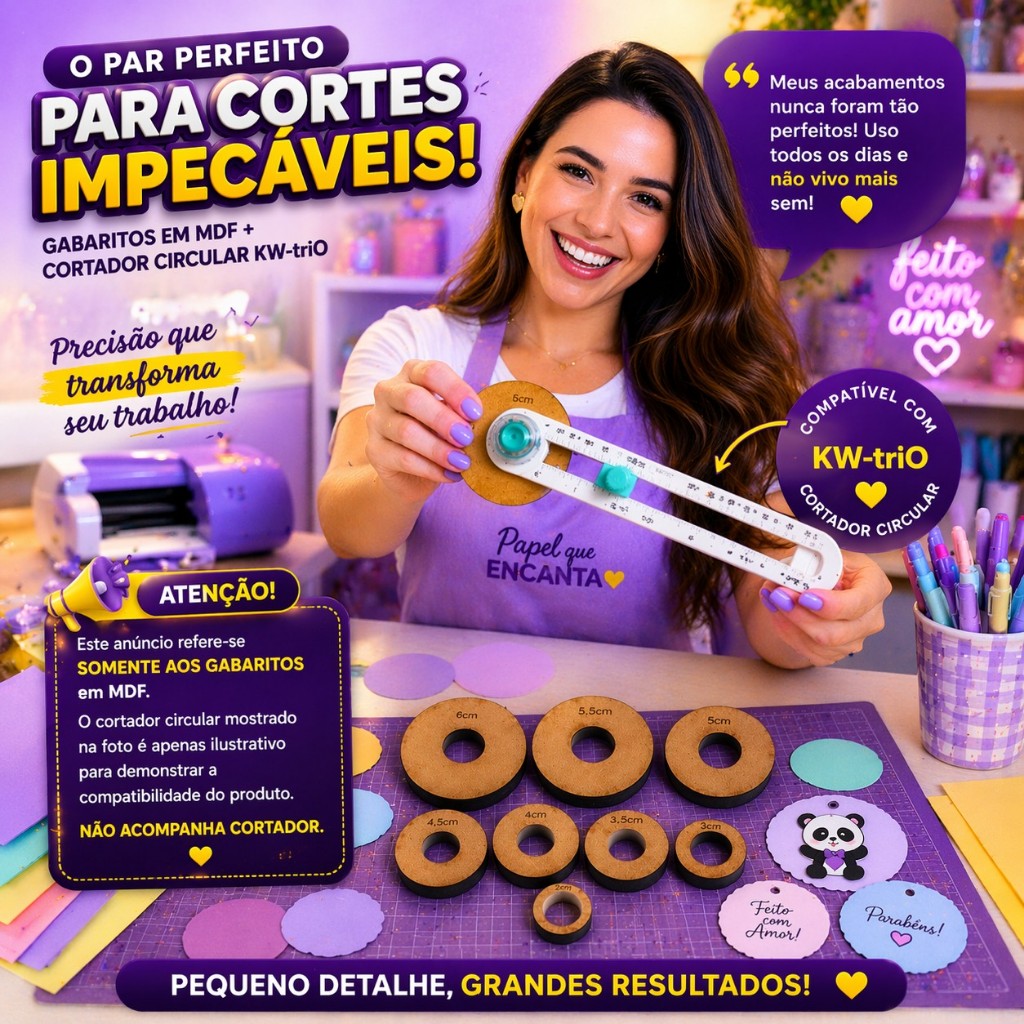 KIT Gabarito Corte Circular MDF 8 Peças Compatível KW Trio Cortador Adesivo Tag Scrapbook Topo Bolo