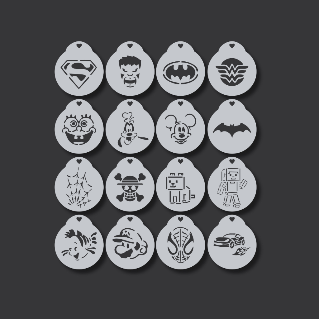 Kit 16 Stencil Molde Vazado Personagens Infantis Meninos Heróis Educativo para Pintura Facial Tecido
